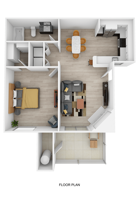 Floor plan for 1 bed, 1 bath, 729 sqft